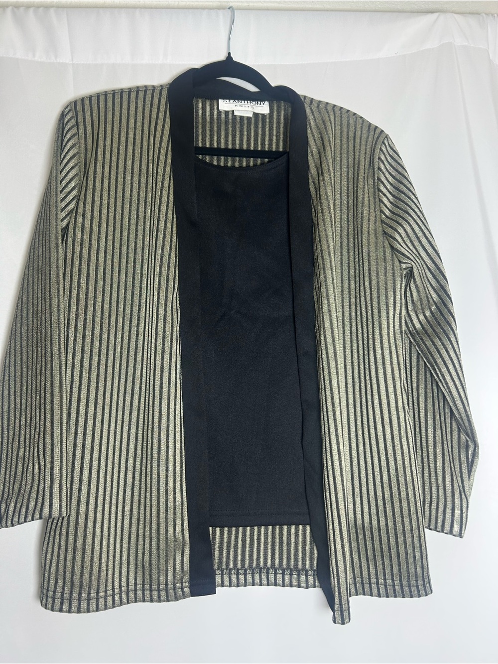 Vintage 80s St. John Black and Cream Striped Open-Front Cardigan